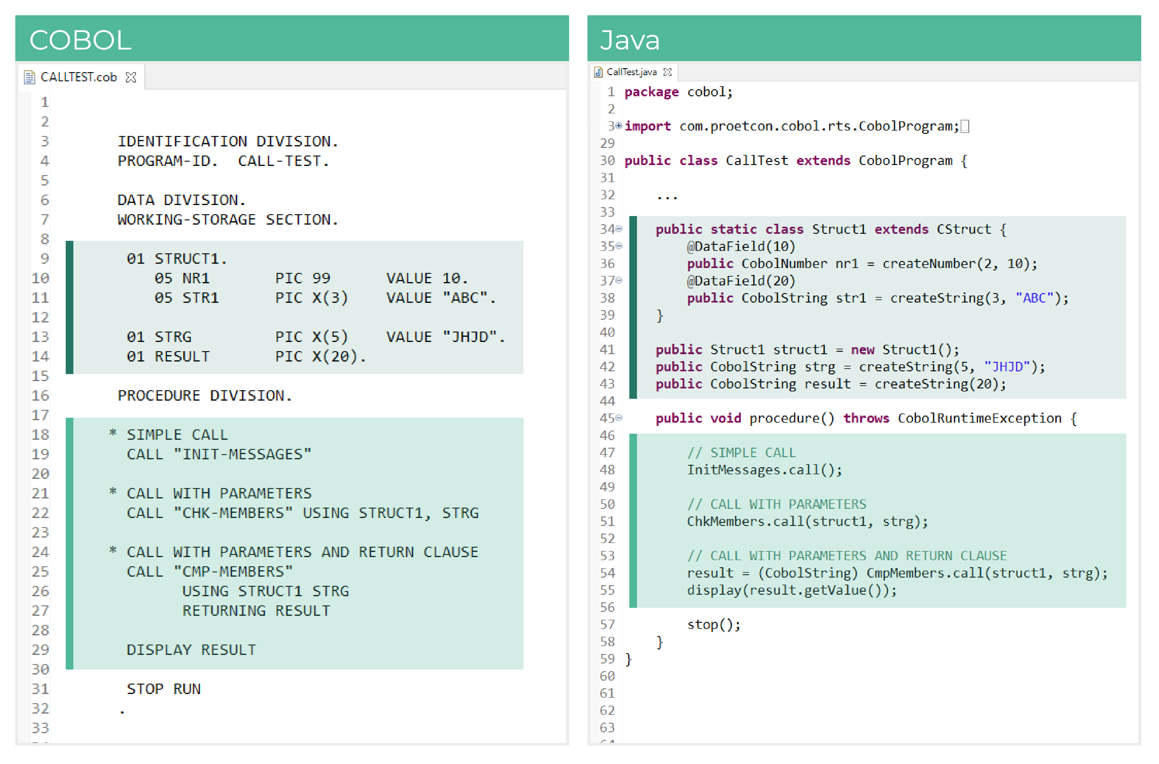 Example of the migration of CALL statements