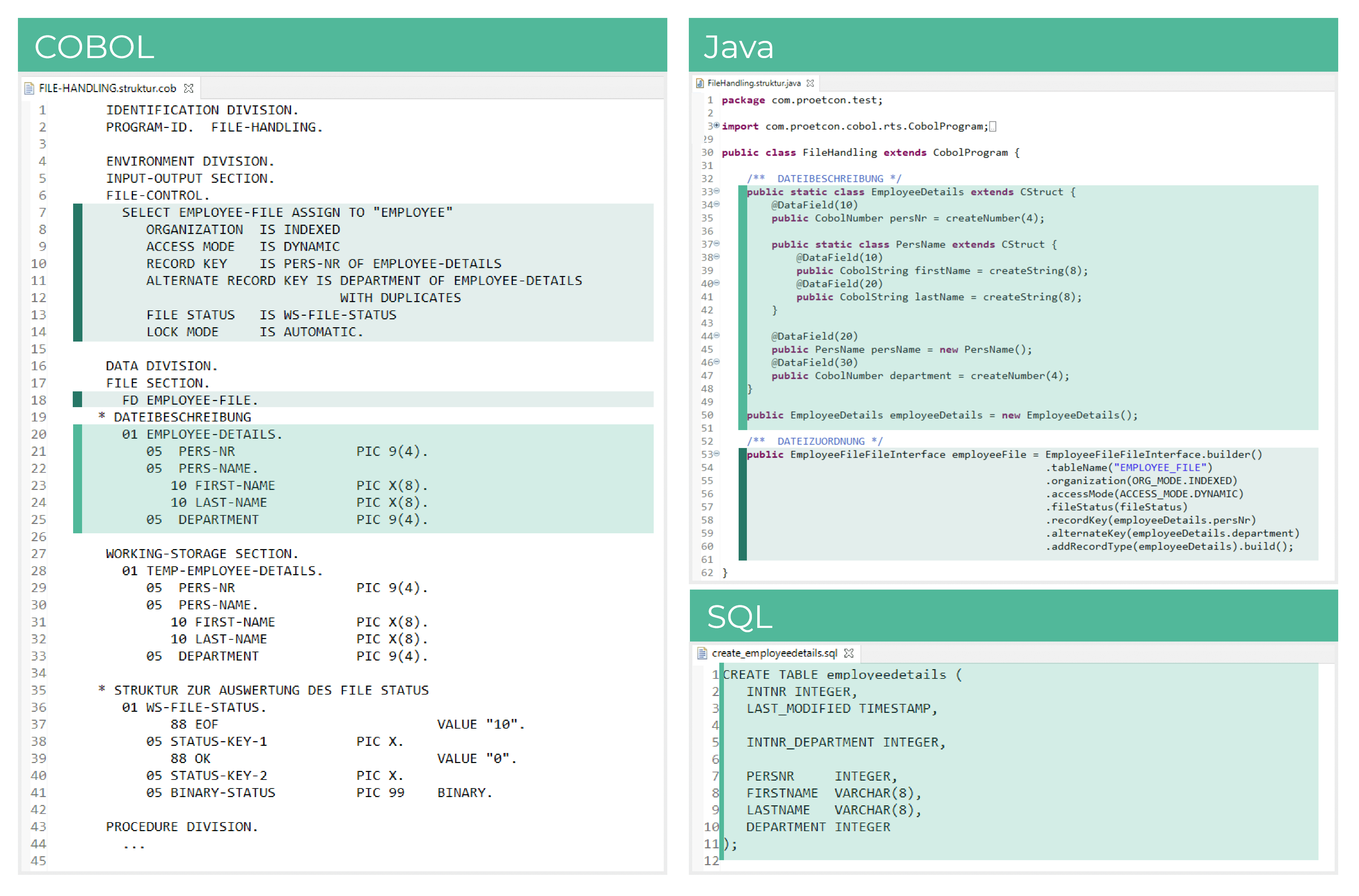 Example of the migration of file definition and sentence structure