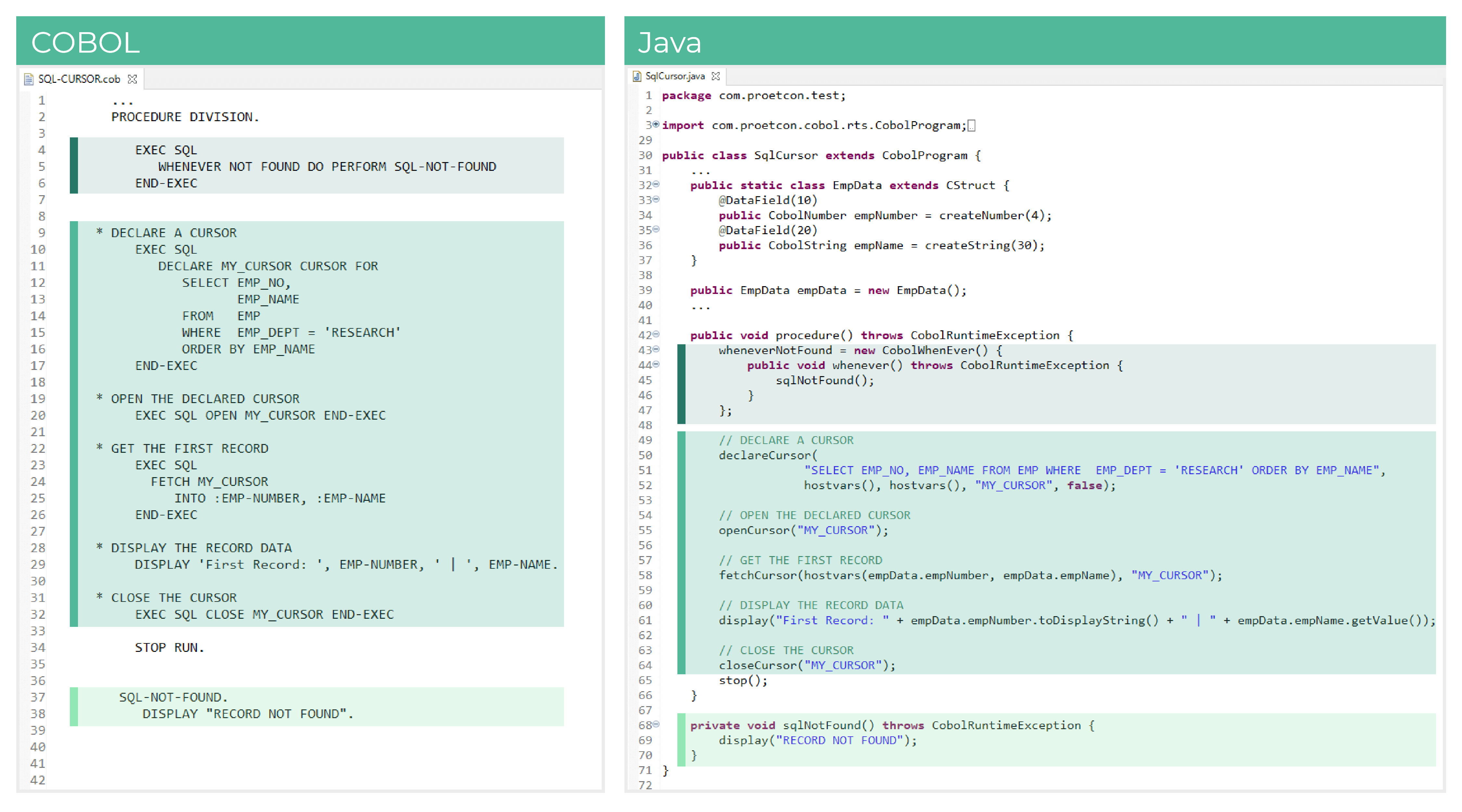 Example of migration of curser handling statements