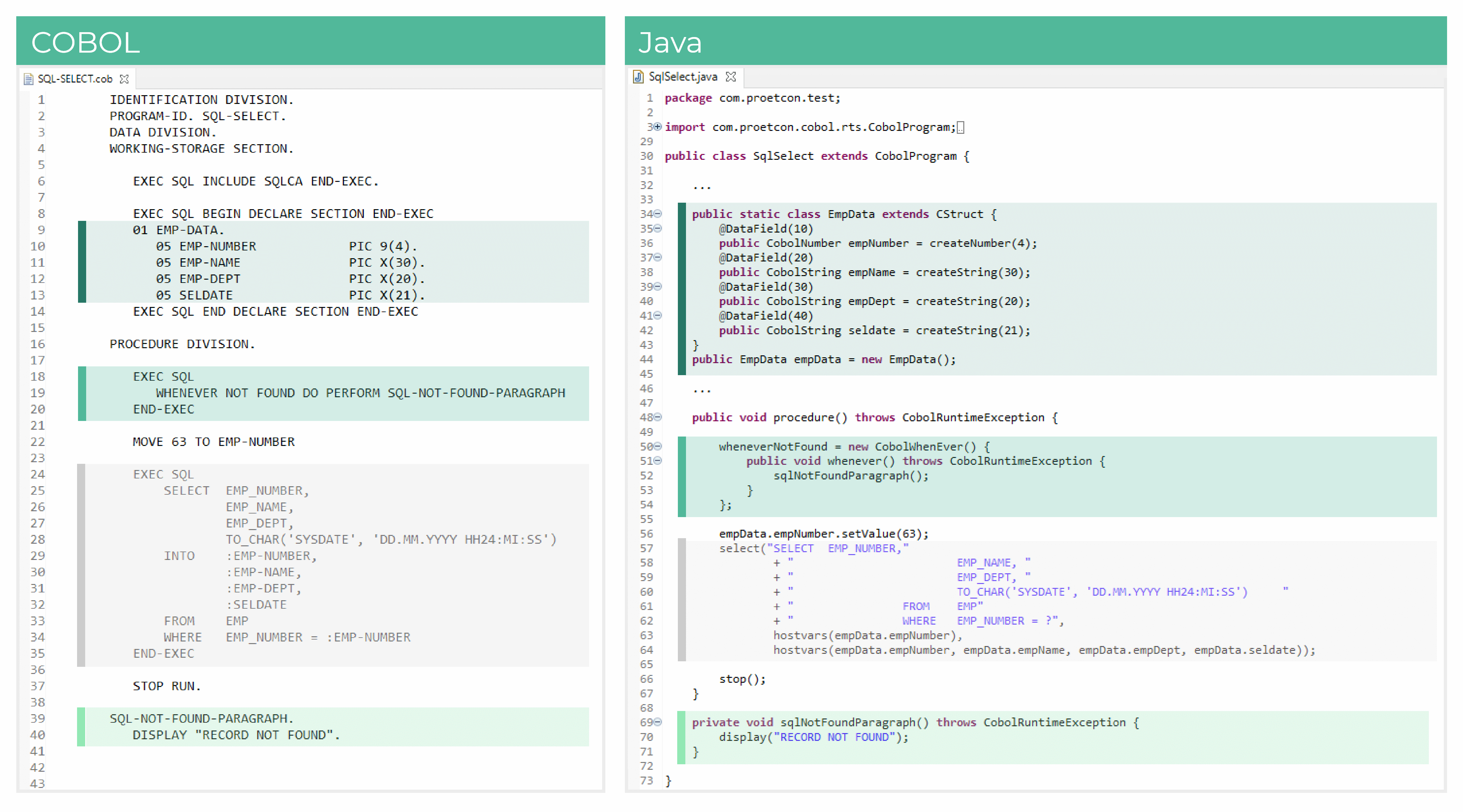 Example of migration of a SELECT statement with input and output host variables