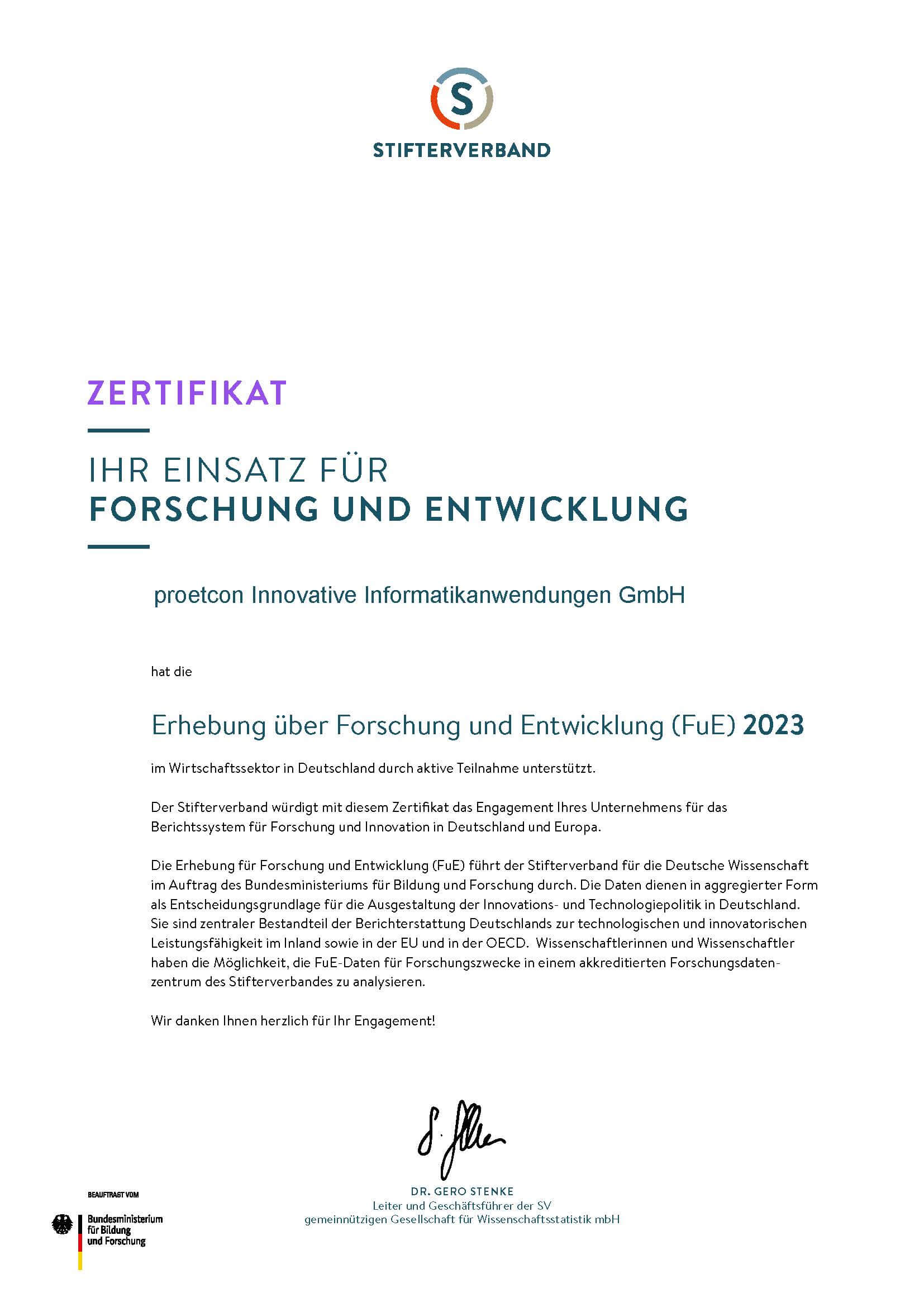 Zertifikat über die Erhebung über Forschung und Entwicklung (FuE) 2023 des Stifterverbands